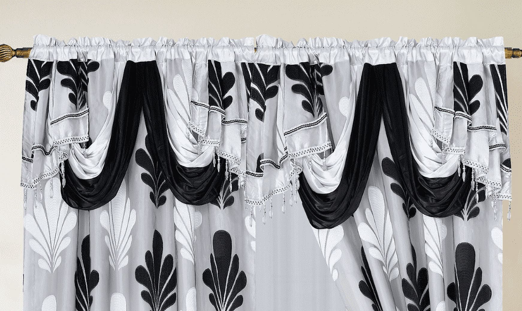 Complete Set Shopia 2 Tone Embroidery Luxury Jacquard Chiffon with Attached Valance with Beads and Tassels Window Curtain Bedroom, Living Room, and Dining Room (108 x 84 inches)