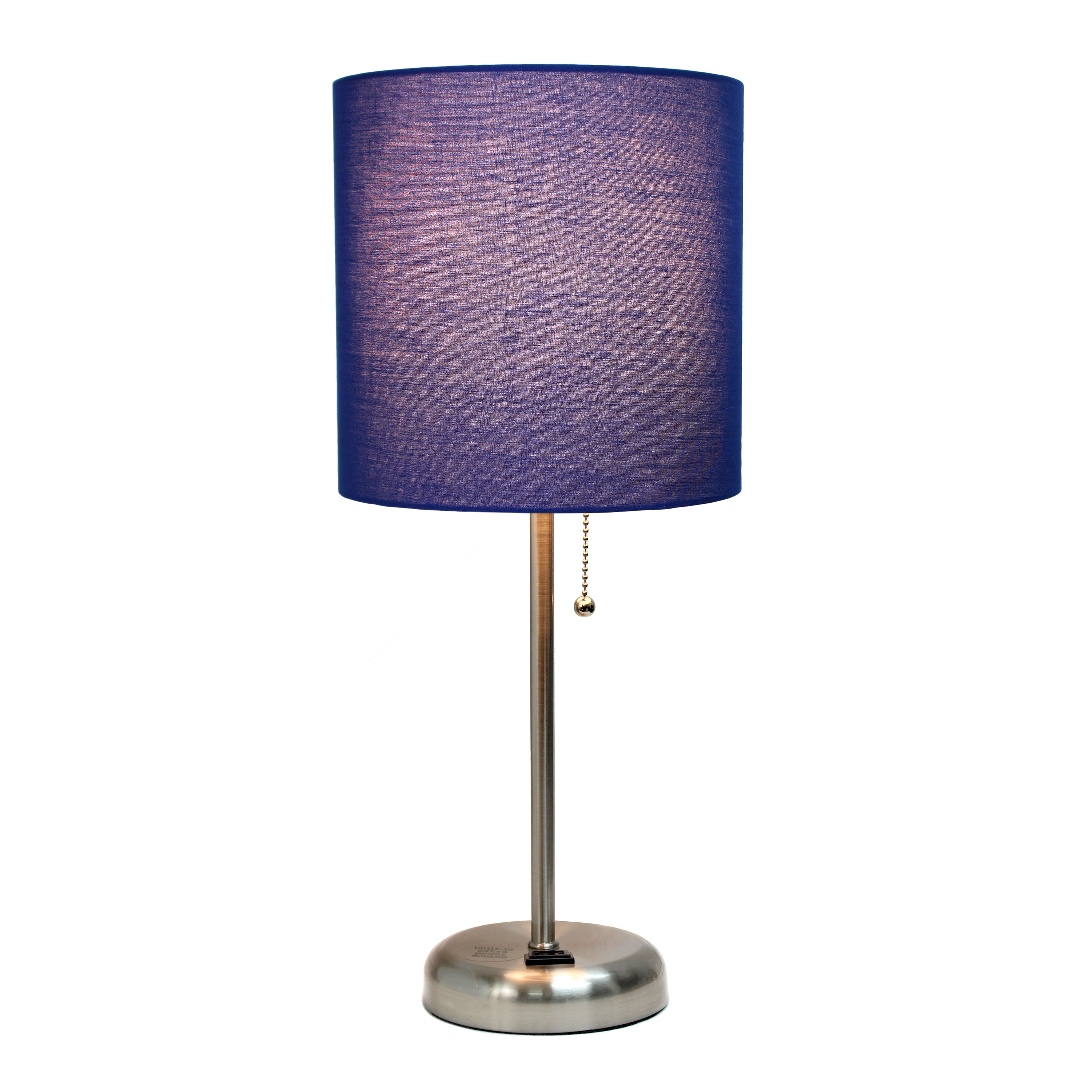 Creekwood Home 19.5" Brushed Steel Lamp with Charging Outlet, Navy Blue Shade & LED Bulb