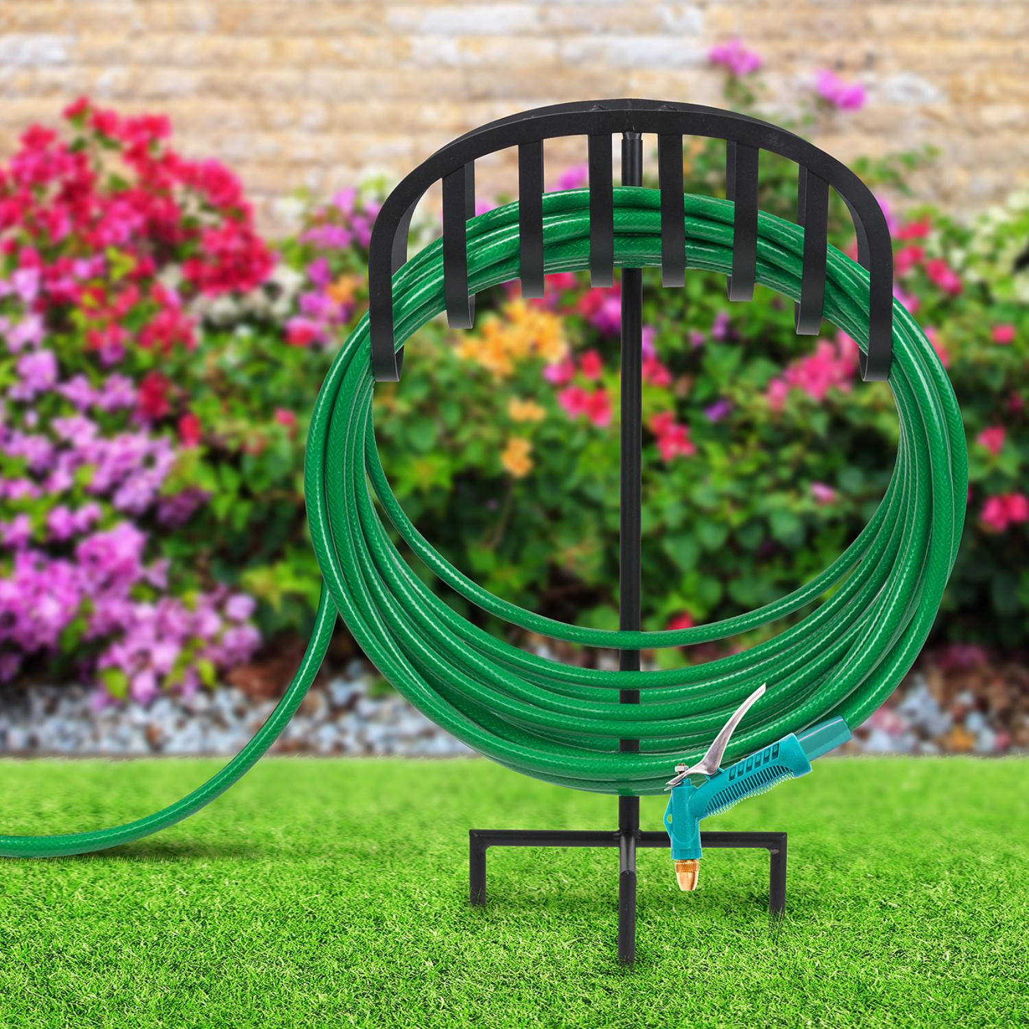 Sorbus Garden Water Hose Holder Stand with Ground Stakes, Holds 125 ft 5/8 in Hose, Black