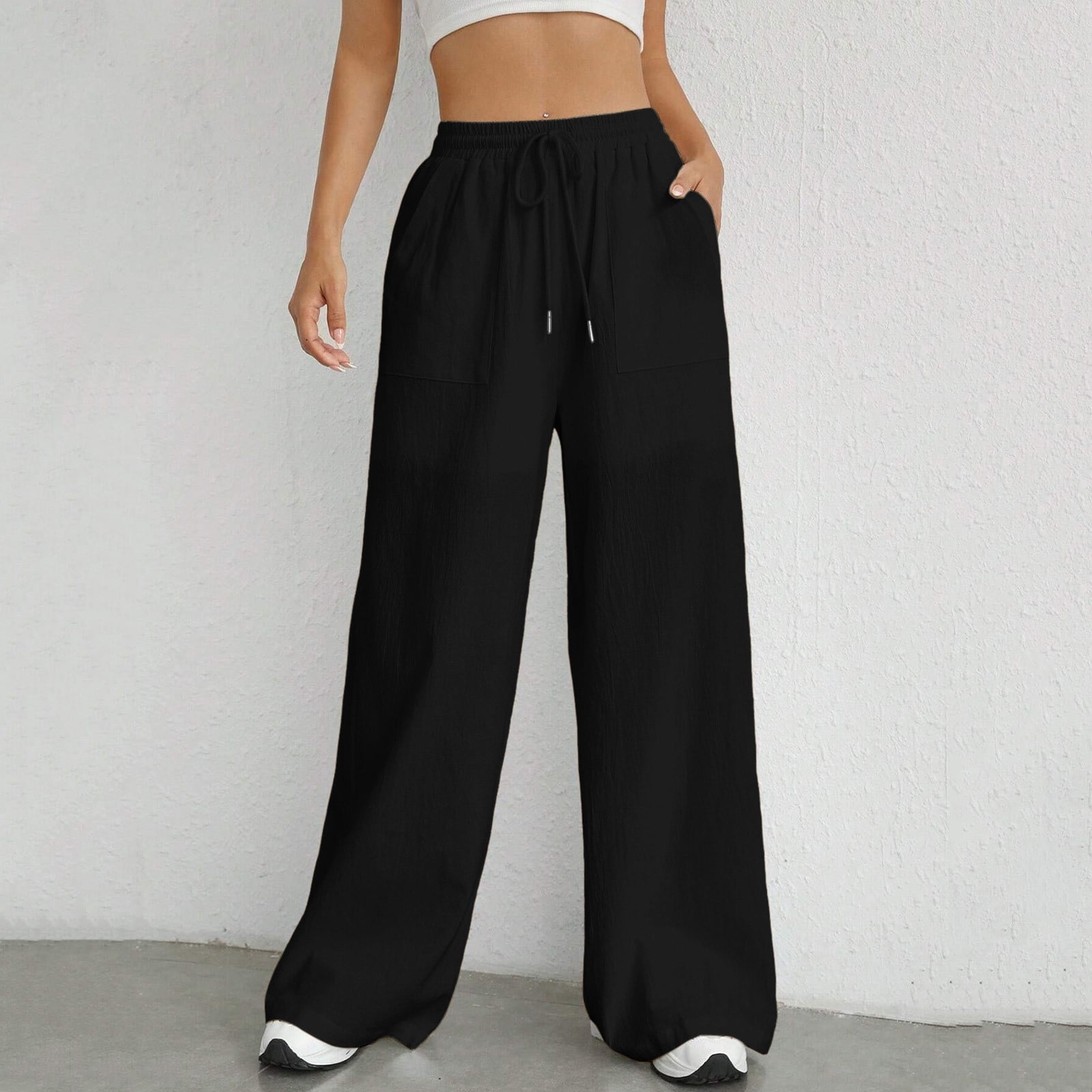 CZHGKM Womens Drawstring Waist Wide Leg Pants High Waisted