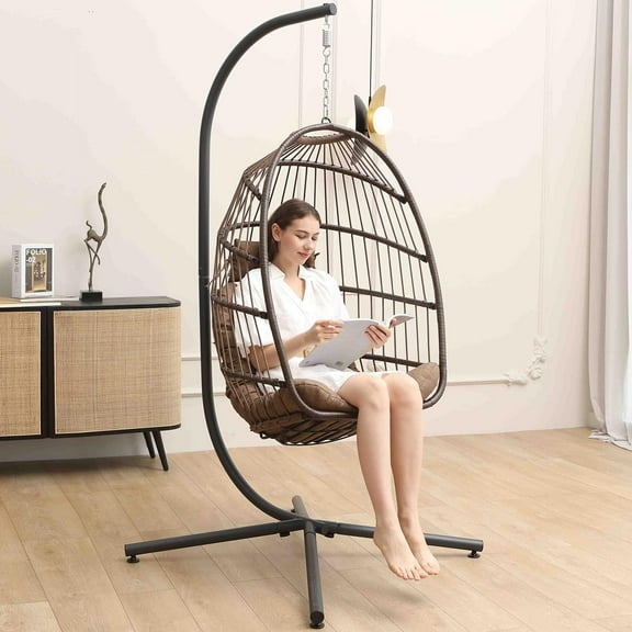 SWITTE Egg Chair with Stand PE Wicker Swing Chair and Brown Cushion, Indoor & Outdoor