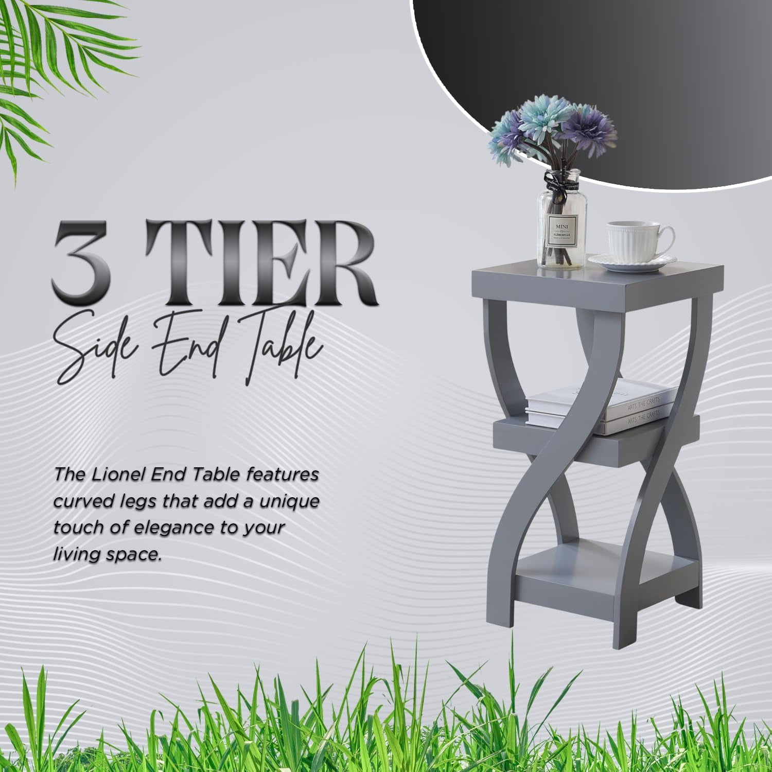 Kings Brand Furniture Lionel 3-Tier End Table, Twisted Wood Accent Side Table with Open Storage Shelves, Modern Narrow Nightstand for Living Room, Bedroom, Office or Entryway (Gray)