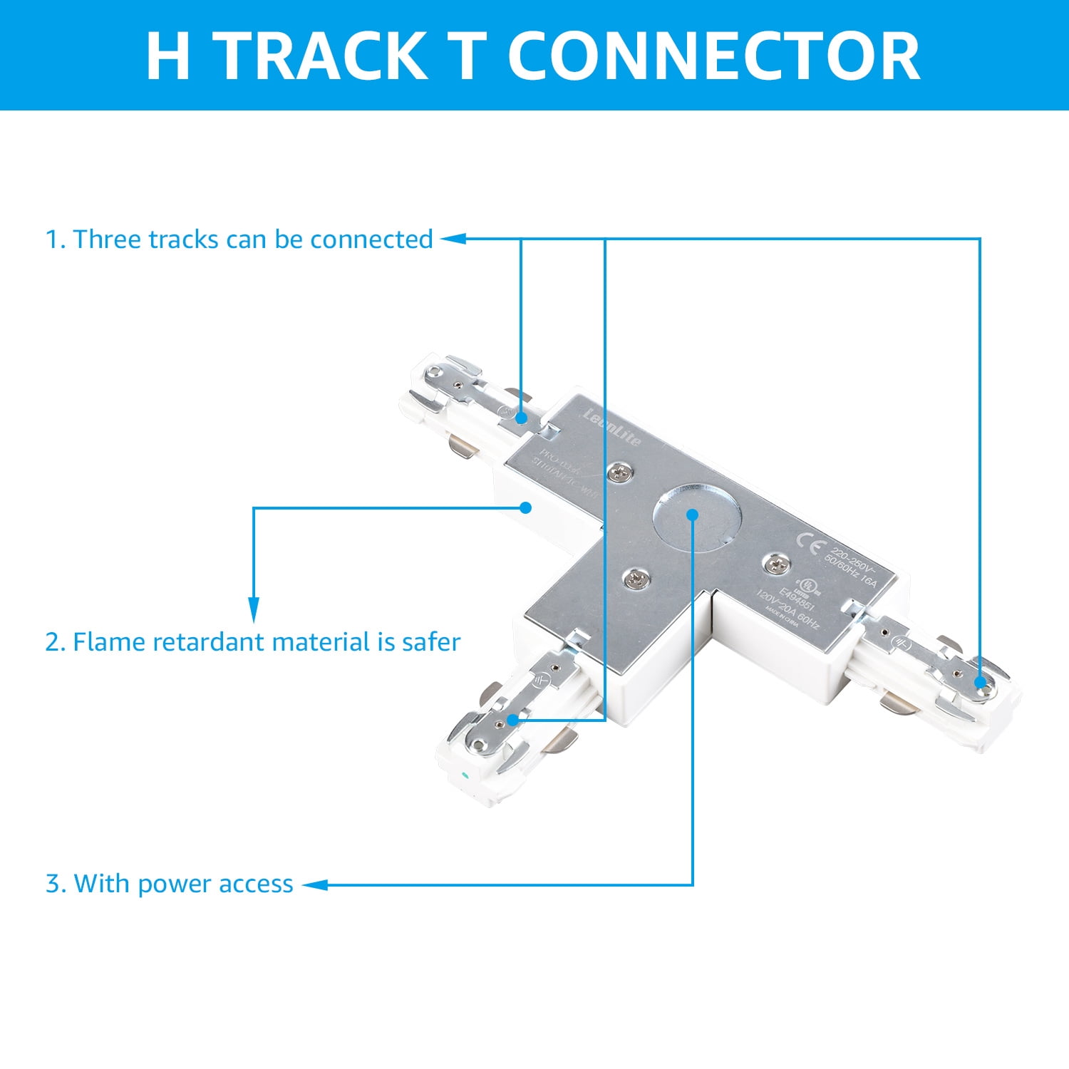H Track T Connector, H Type Single Circuit 3-Wire-1 Track Lighting Kit, Corner Joiner, UL Listed, Flame Retardant Material, for H Track System, 3 Years Warranty, 120V, White