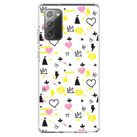 DistinctInk Clear Shockproof Hybrid Case for Samsung Galaxy Note 20 (6.7" Screen) - TPU Bumper, Acrylic Back, Tempered Glass Screen Protector - Girl Power - Crown Hearts Castle Pink Yellow