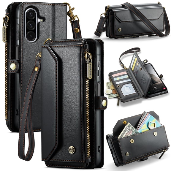 for Samsung Galaxy A17 5G Wallet Case with 10 Card Slots Zipper Pocket,PU Leather Magnetic Flip Folio Wristlet Shoulder Strap 3-in-1 Crossbody Phone Case Wallet for Women Men,Black