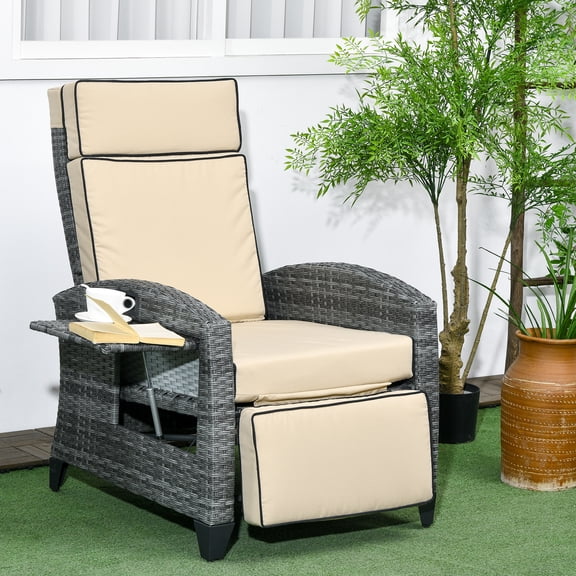 Outsunny Outdoor Recliner Chair with Cushions, PE Wicker Reclining Patio Lounge Chair with Adjustable Footrest, Armrests, Side Tray Table, Khaki