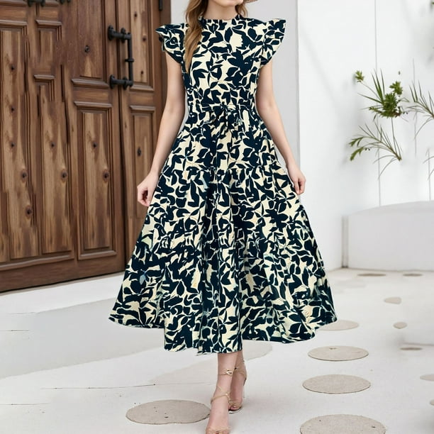 WILLBEST Vestidos Primavera Verano 2025 Vestido Informal Holgado Con Cuello En V Y Estampado Plisado Para Mujer