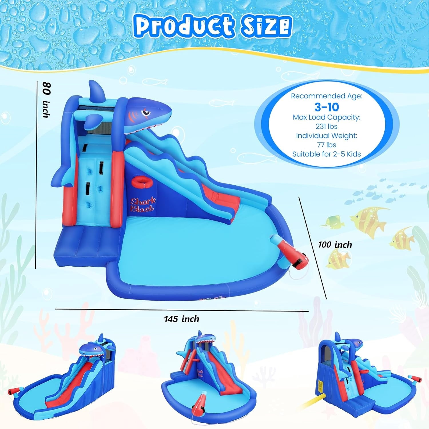 Veeboto Inflatable Water Slide with 480W Blower, Indoor and Outdoor Shark Design Bouncy House with Slide, Climbing Wall, Pool, Water Cannon, Water Park Suitable for Ages 3-8