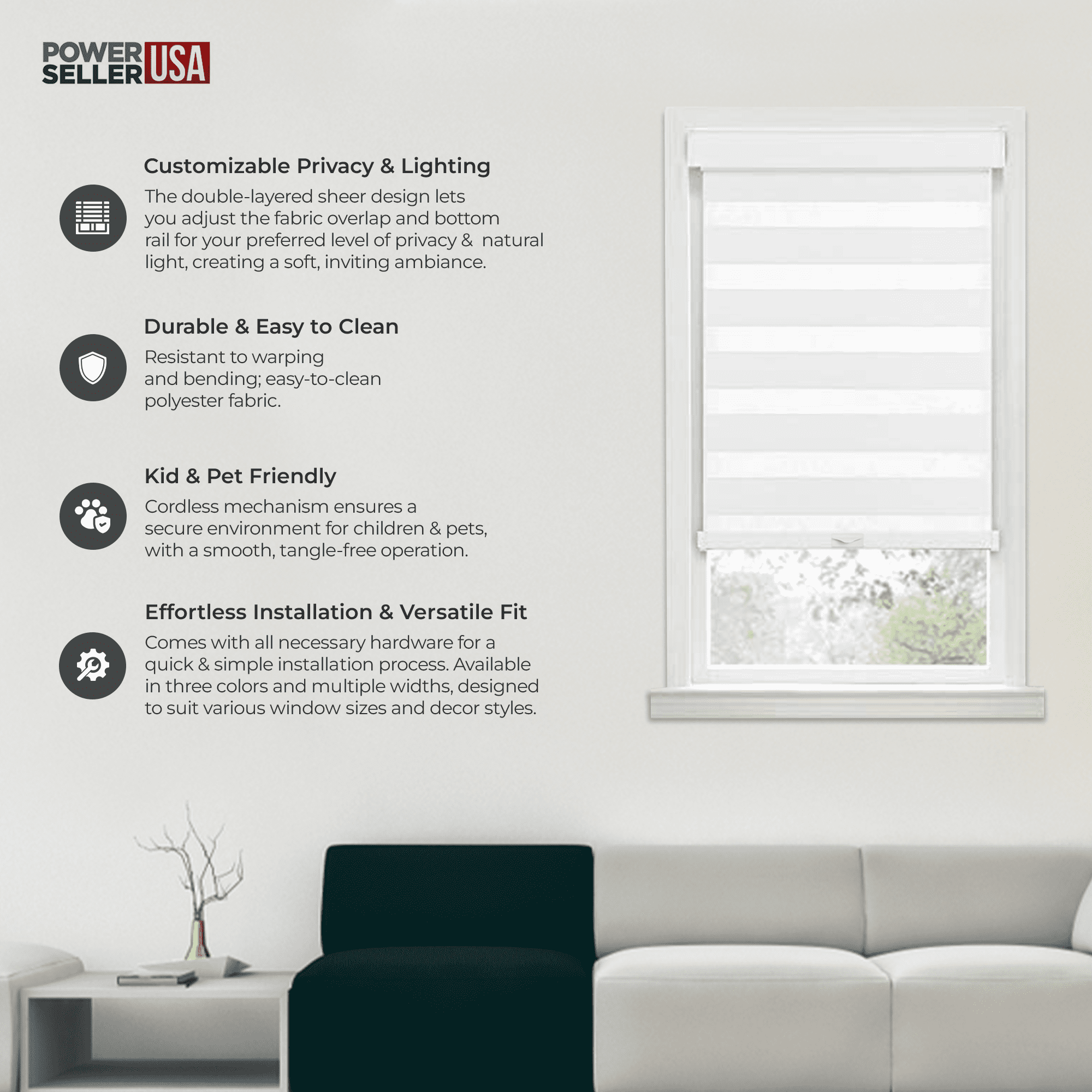 PowerSellerUSA Cordless Zebra Blinds Roller Shade, Celestial Sheer Double Layered Window Shade Privacy Light Control, Day and Night Window Drapes, 29" x 72", White