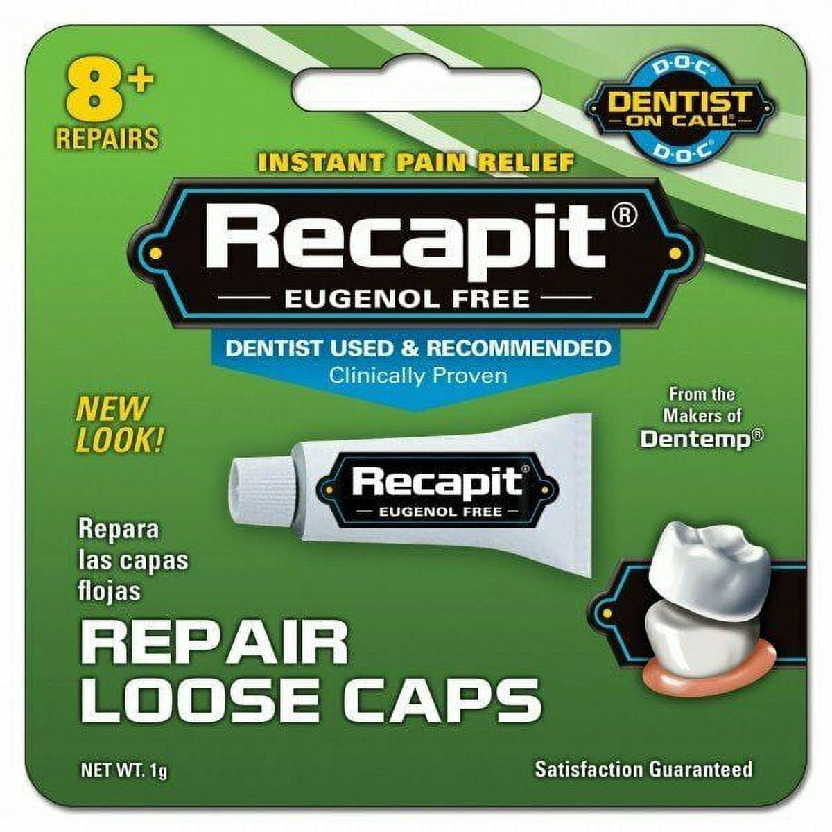 Recapit Instant Pain Relief Eugenol Loose Cap Dental Repair 8 ct, 4-Pack