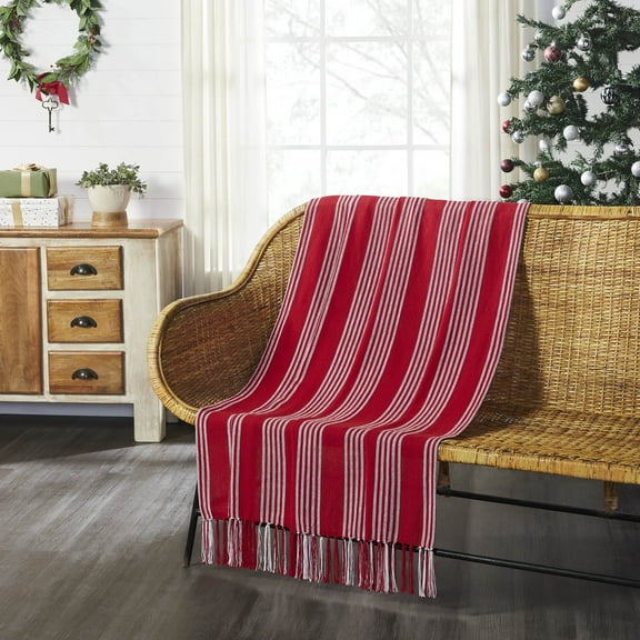 VHC Brands Christmas Decorations for Living Room Couch Sofa Bedding Arendal Red Stripe Woven Throw 50x60