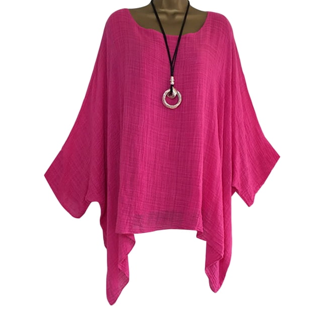 Fashnice Women Tee Solid Color T Shirt Crew Neck T-shirt Loose Work Pullover Rose Red M