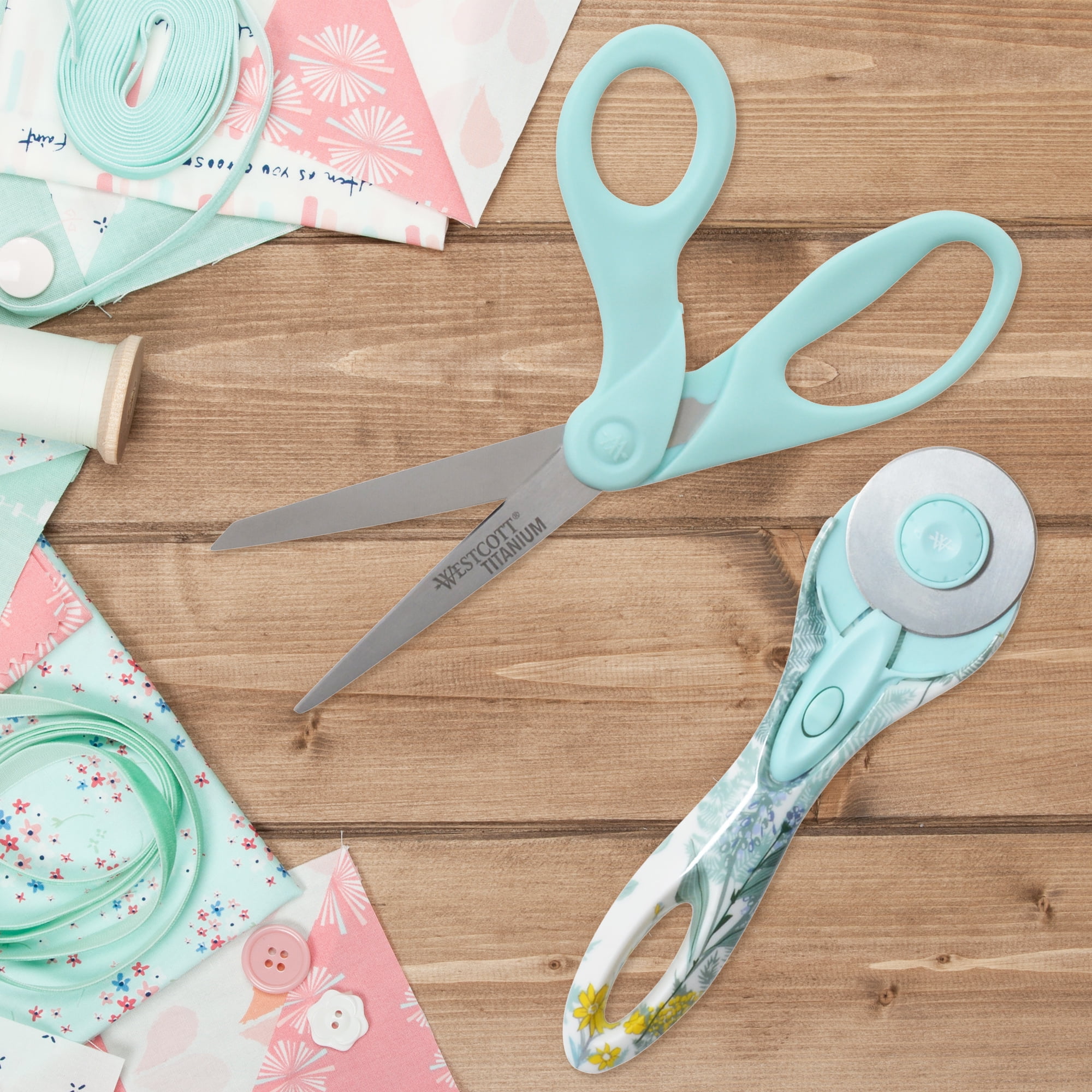 Westcott 8" Sewing Scissor and 45mm Rotary Fabric Cutter Set, Titanium Bonded, Blue, Floral, 2-Pack