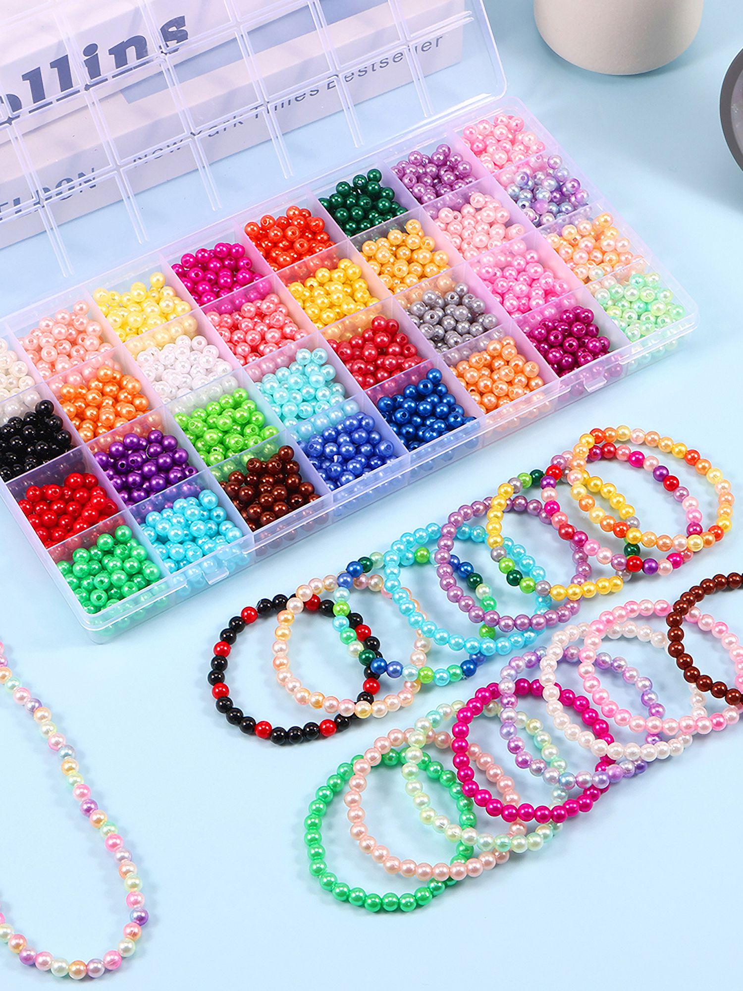 Urvrriu 1920pcs 6mm Bracelet Beads Kit 32 Colors Round Imitation Pearls Multicolor Loose Beads DIY Bracelets Necklace Beads Set with Storage Box for Earrings