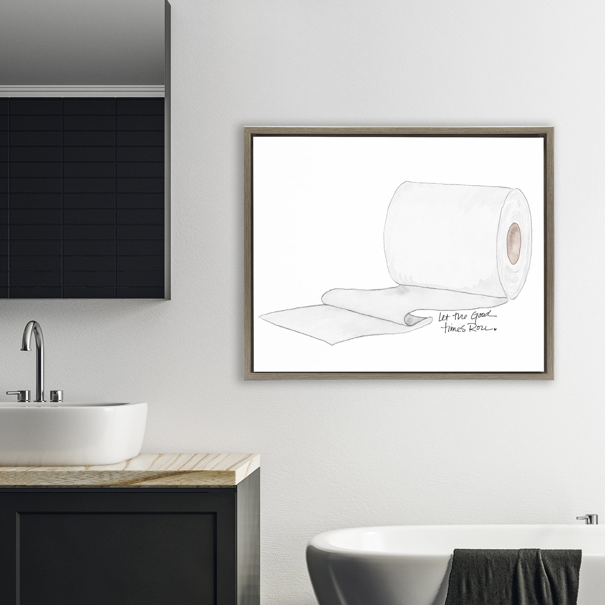 Stupell Industries Good Times Roll Toilet Paper Brown Framed Floater Canvas Wall Art, design by Nola James