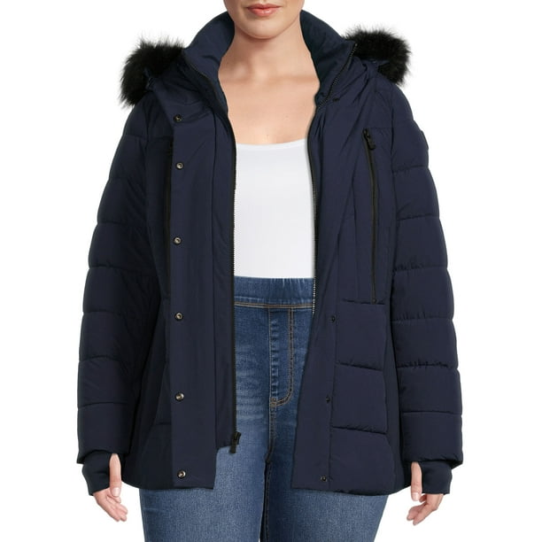 F.O.G. Women's Plus Size Short Puffer Coat with Faux Fur Hood