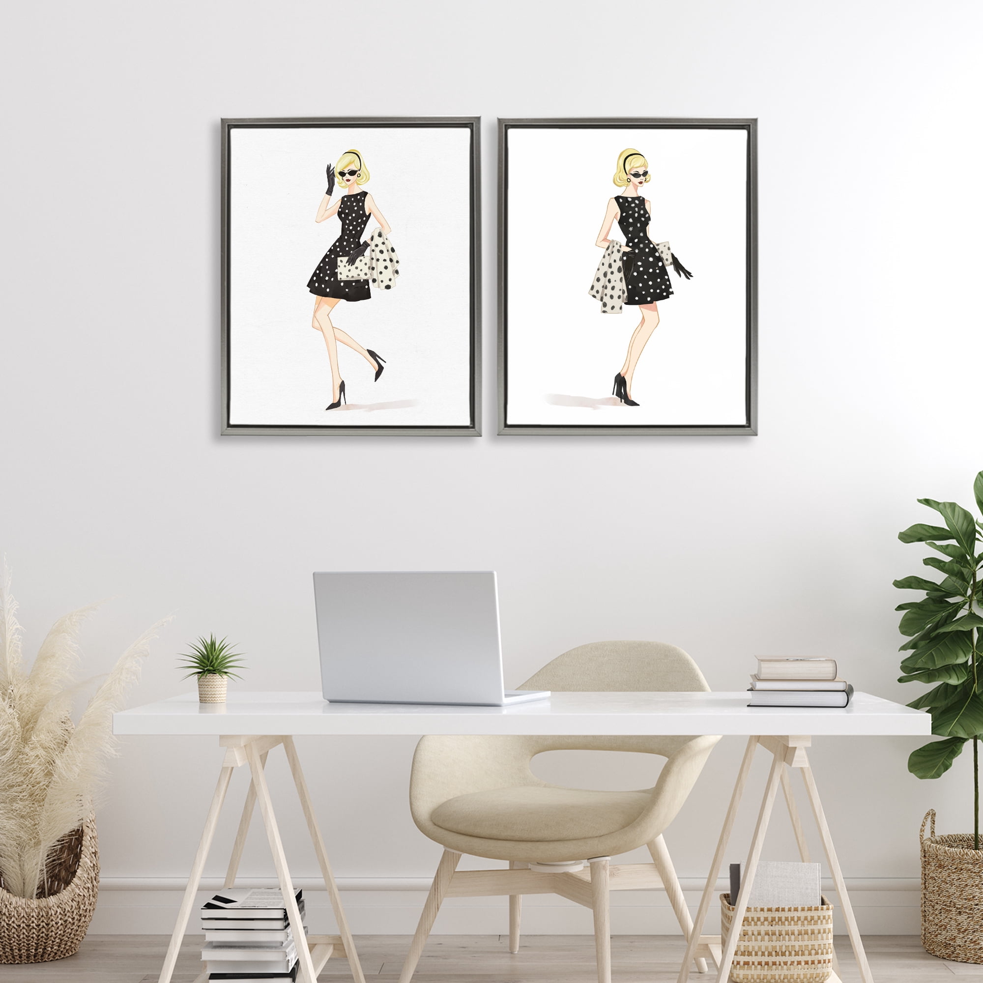Stupell Industries Retro Glam Female 2 Piece Gray Framed Floater Canvas Set, design by Ziwei Li