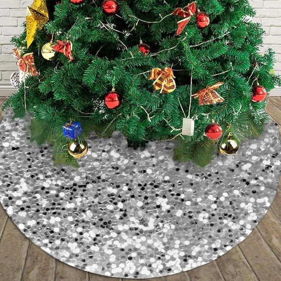 Christmas Tree Skirt Round -Silver Gray Grey White Faux Glitter Sequin Winter Snow Design, 36" Holiday Decor, Xmas Party Home Decoration