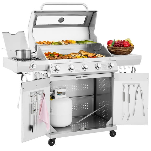 Royal Gourmet GEA5001S Deluxe Stainless Steel 5-Burner Gas Grill, With Infrared Side Burner,Cabinet Style Grill for Outdoor Grilling and Backyard Cooking, Silver