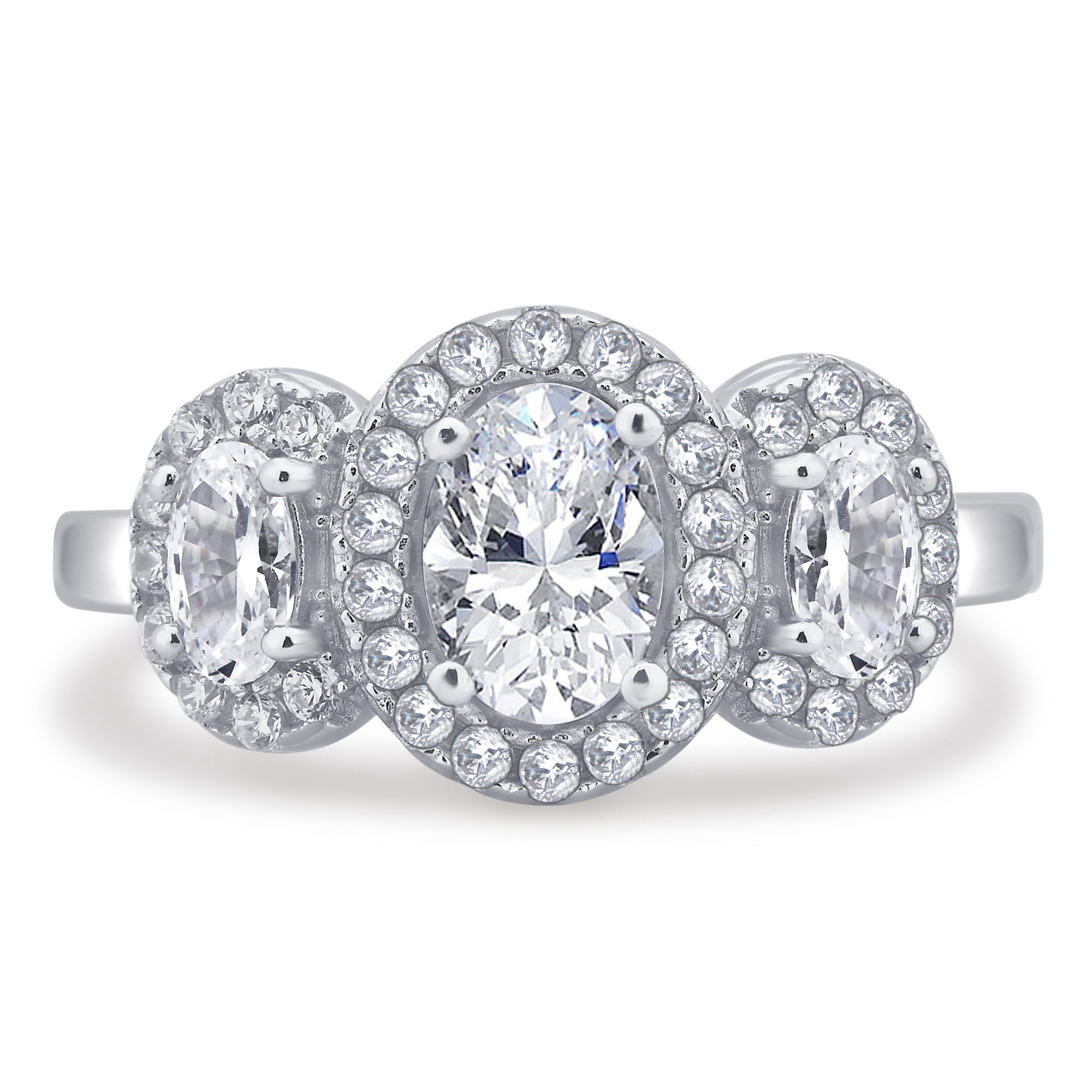 Cubic Zirconia 3 Stone Cluster Sterling Silver Engagement Ring