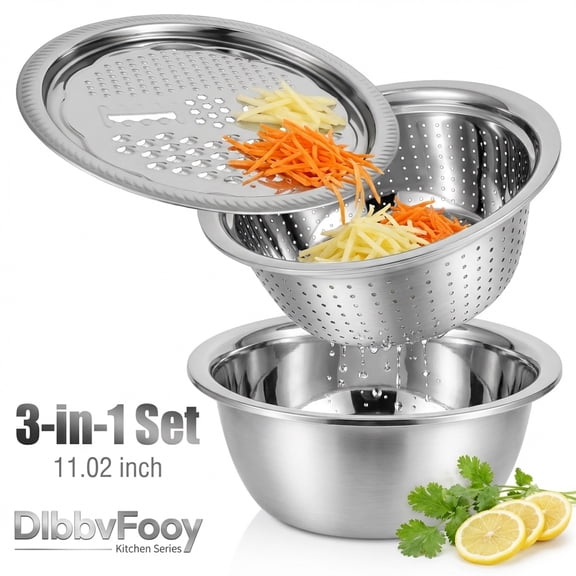 Fkszll Multifunctional Stainless Steel Basin with Mixing Bowls and Grater 3 in 1 Vegetable Cutter for Kitchen Vegetable Slicer Grater Strainer and Drain Basket (11.02 inch)