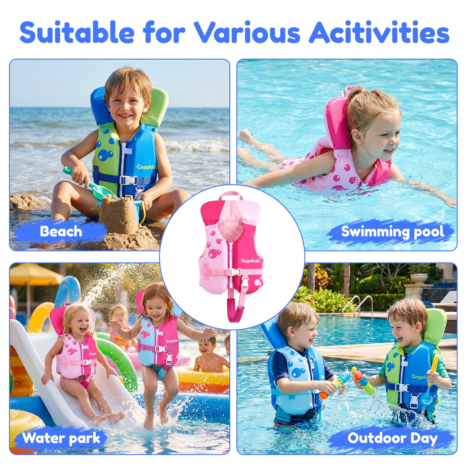 Gogokids Kids Swim Vest Life Jacket Toddler20-50 Lbs,Kids Float Jacket with Adjustable Straps for 1-6 Years Children Boys & Girls Swimming Aid for Pool,Beach & Boat