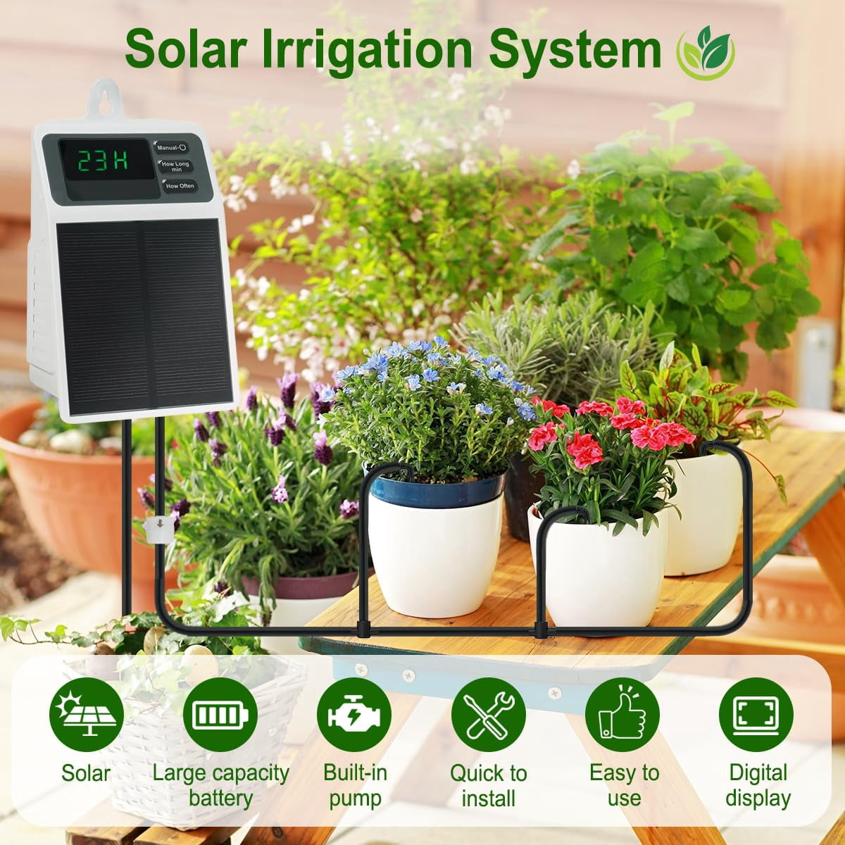 Easy Solar-Powered Drip Irrigation Kit - Automatic Watering System for Garden, Patio & Houseplants - Includes Water Pump, 33ft Tubing, 10 Drippers - Saves Time & Water