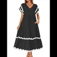 thumbnail image 1 of Vestido Midi Informal de Verano 2025 para Mujer, con Escote en V, Corta, Volantes, Corte A, . Negro M, 1 of 10