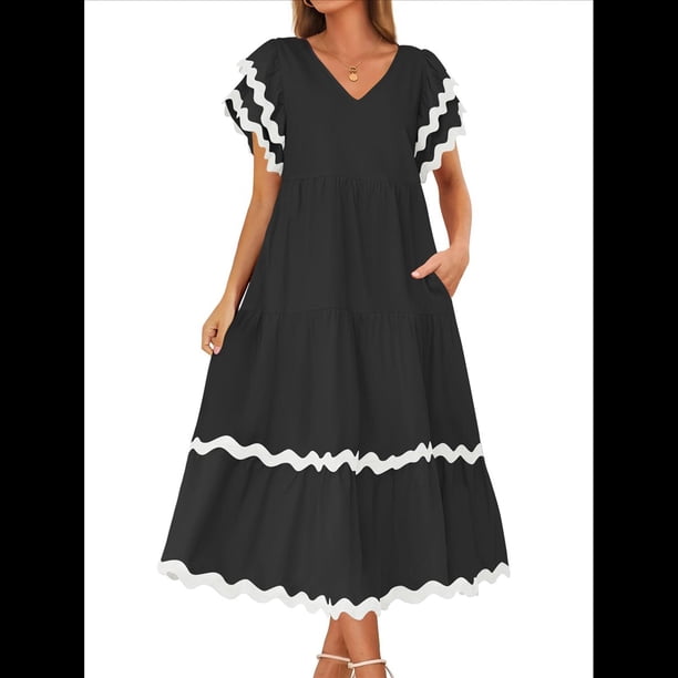 Vestido Midi Informal de Verano 2025 para Mujer, con Escote en V, Corta, Volantes, Corte A, . Negro XL