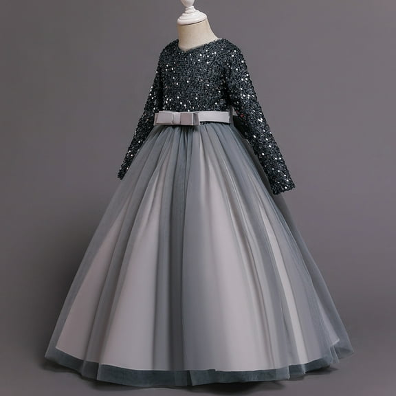 Girl Gray Dress with Sleeves and rhinestones for wedding, Christmas, new year pageant, graduation, Birthday ages 8 years old.