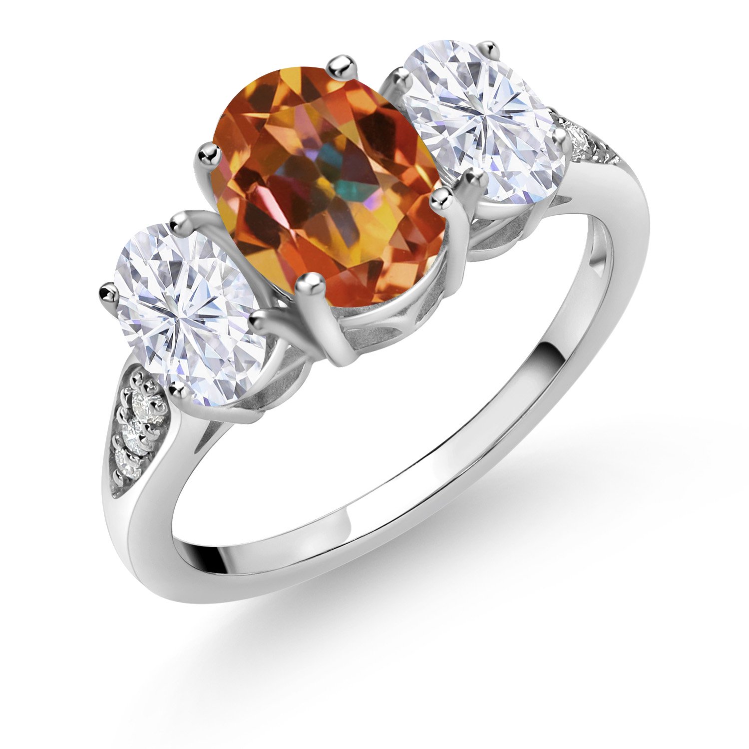 Gem Stone King 10K White Gold Ecstasy Mystic Topaz White Moissanite and White Lab Grown Diamond 3 Stone Engagement Ring for Women (2.54 Cttw, Gemstone Birthstone, Available in Size 5, 6, 7, 8, 9)