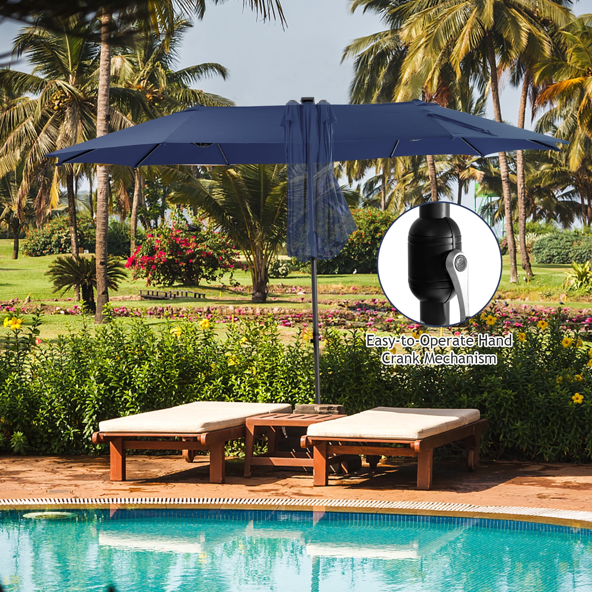 Gymax 15Ft Solar LED Patio Outdoor Double-Sided Umbrella w/ 48 Lights Crank Navy