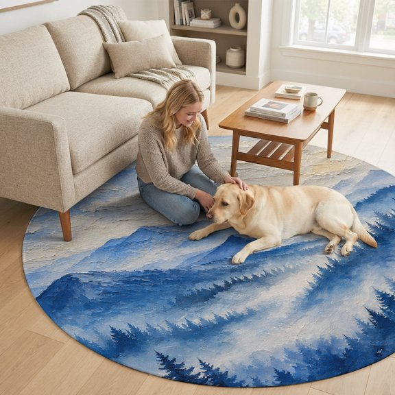 Mountains Landscape 7FT Round Area Rugs for Living Room Country Vintage Minimalist Blue Forest Tree Ultra-Thin Non-Slip Round Rugs Washable Low Pile Circle Carpet for Bedroom Kitchen Nursery