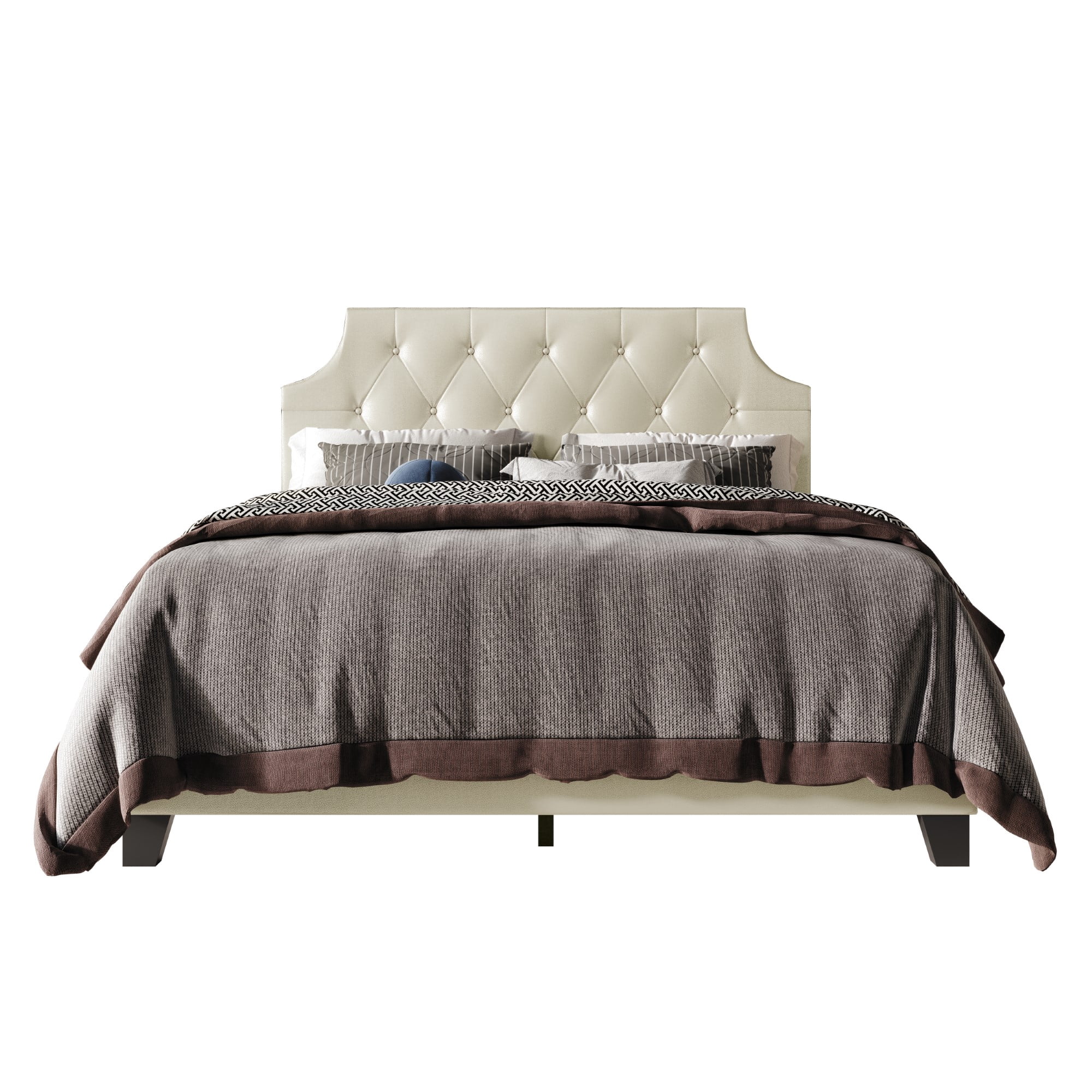Home Design Mexico Queen Tufted Upholstered Platform Bed with Scooped Headboard and Padded Surface, Champagne, Easy Assembly
