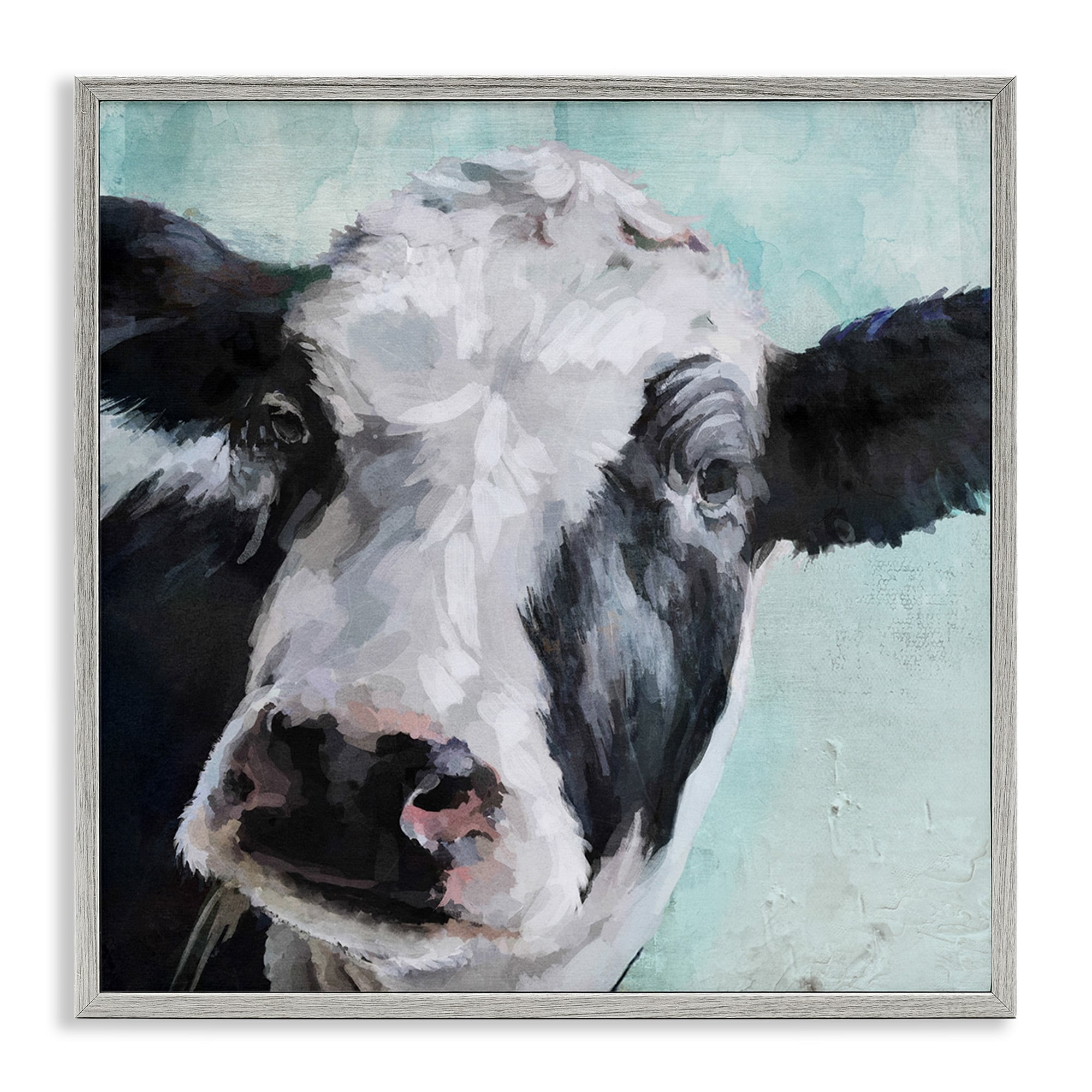 Stupell Industries Gentle Farm Cow Painting on Blue Animals & Insects Painting Gray Framed Art Print Wall Art, 24 x 24