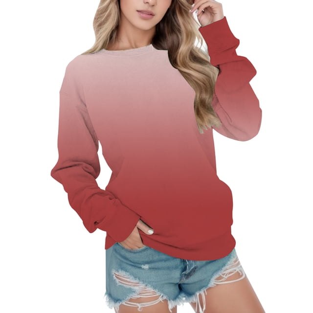Gibobby Sudadera con forro polar Mujer Sudadera informal con cuello redondo y estampado degradado para mujer, camiseta de manga larga, , versión holgada (Rojo, XL)