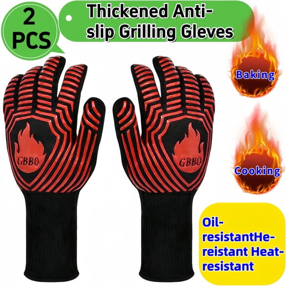 BBQ Fireproof Gloves, Cut-Resistant Heat Resistant Gloves, Non-Slip Silicone Oven Gloves, Kitchen Safe Cooking Gloves,Applicable to Barbecue,Cooking, Frying