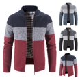thumbnail image 3 of Cárdigan de punto de otoño e invierno para hombre, chaqueta de manga larga con cuello de béisbol a rayas y retazos, suéter grueso y cálido, 3 of 4