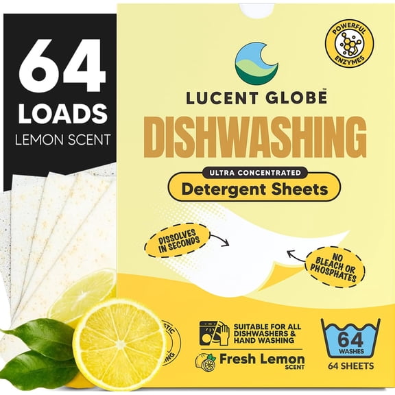 Dishwasher Dishwashing Detergent Sheets, Dish Soap & Dishwashing Tablets Alternative. Plant-Based, Eco-Friendly, Lemon Scent & Plastic Free Packaging (64 Sheets)