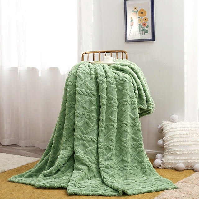 Inteprter Manta ligera del tiro del paño grueso y suave del calor del poliéster y del estilo para el sofá suave y cómodo Decoración del hogar Matcha verde70X100CM