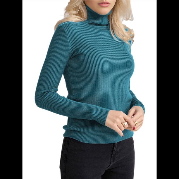 Suéteres Acanalados para Mujer, Lindos Suéteres de Punto de Cuello Alto, Ajustados y Cálidos Azul Neblina un Tamaño