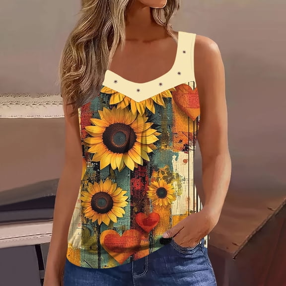 Fznquz Womens Tank Tops 2026 Floral Tank Graphic Crew Neck Sleeveless Yellow Shirt
