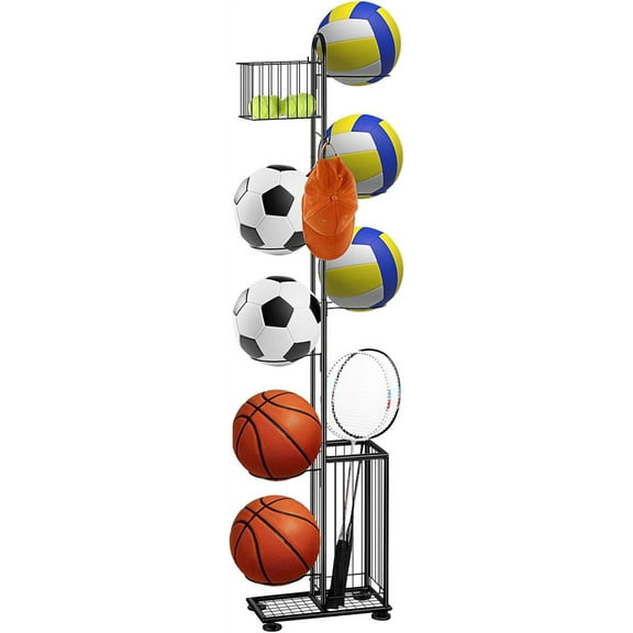 All-in-One Sports Storage Rack with 2 Baskets & Hooks, Heavy Duty Ball Holder Organizer for Garage, Gym, Basement for Basketball, Tennis, Baseball Equipment,Black