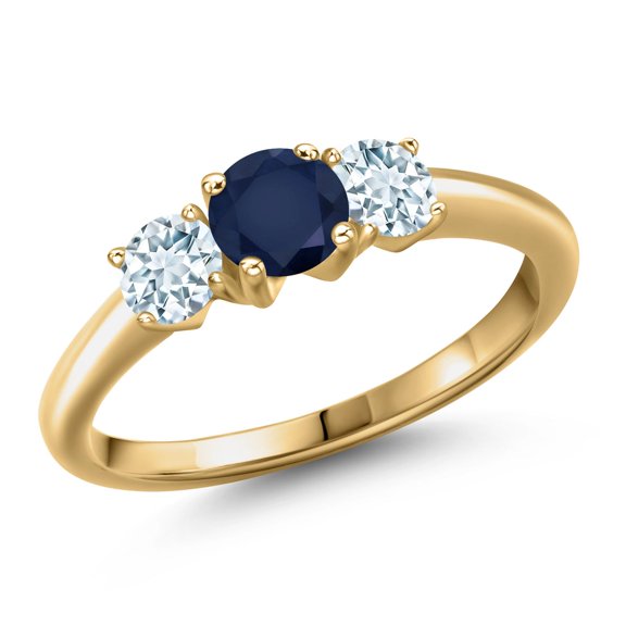 Gem Stone King 18K Yellow Gold Plated Silver Blue Sapphire and Sky Blue Aquamarine Engagement Ring for Women | 1.10 Cttw | Round 5MM | Gemstone September Birthstone | Size 9