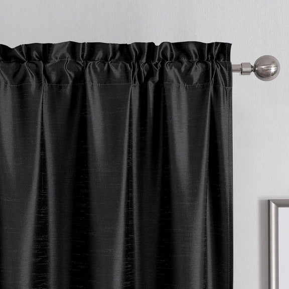 FFHAAD-Uptown Black Kitchen Curtains 45 Inch Length 2 Panels, Room Darkening Faux Silk Chic Fabric Short Window Curtains for Bedroom Living Room, Each 30Wx45L