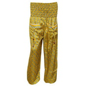 Mogul Women's Harem Pants Yellow Floral Print Smocked Waist Yoga Pant