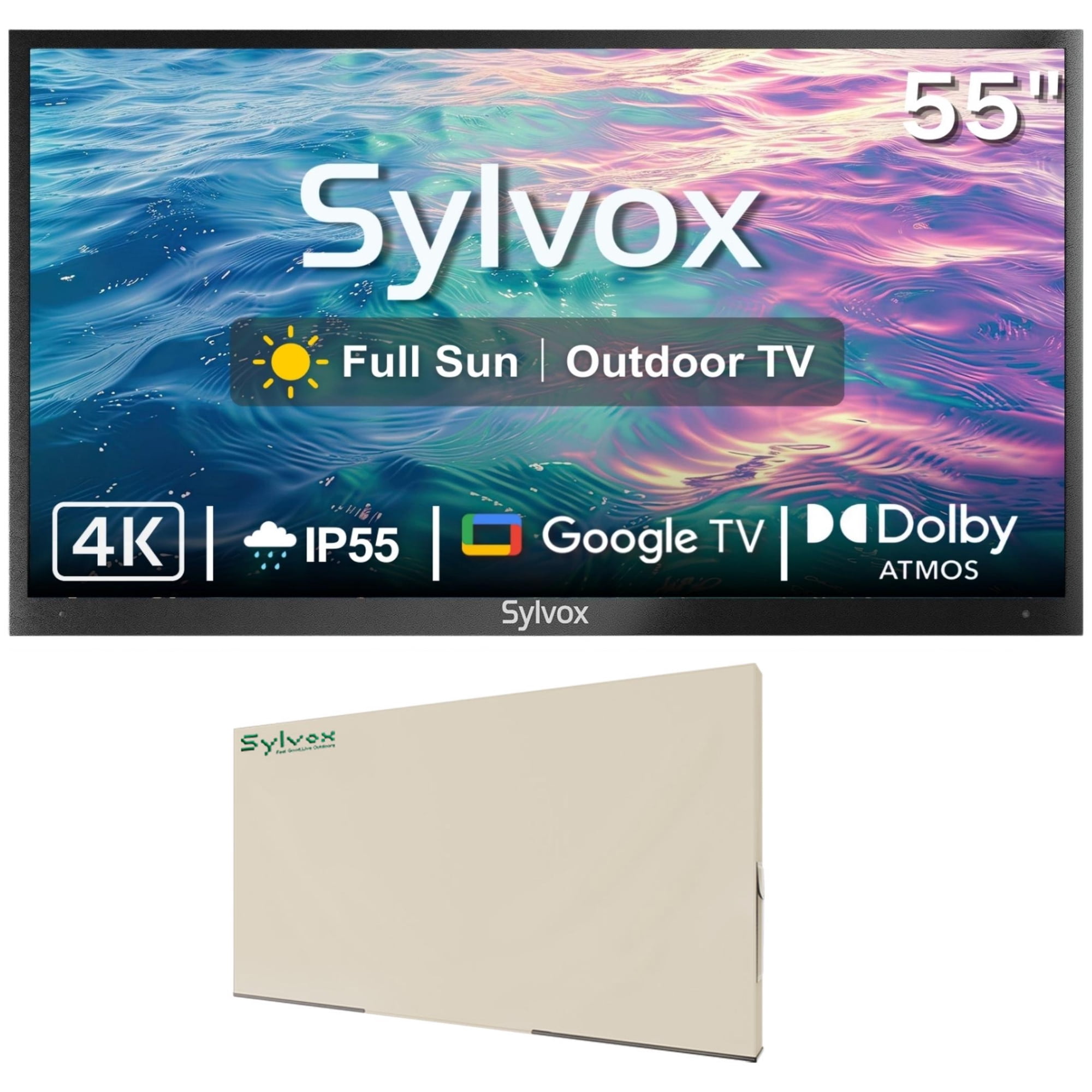 SYLVOX 55" Full Sun Outdoor TV with Cover, IP55 Weatherproof TV 2000nit Brightness, 4K UHD, Google OS, Dolby Atmos, Voice Remote (Pool Pro 2.0)