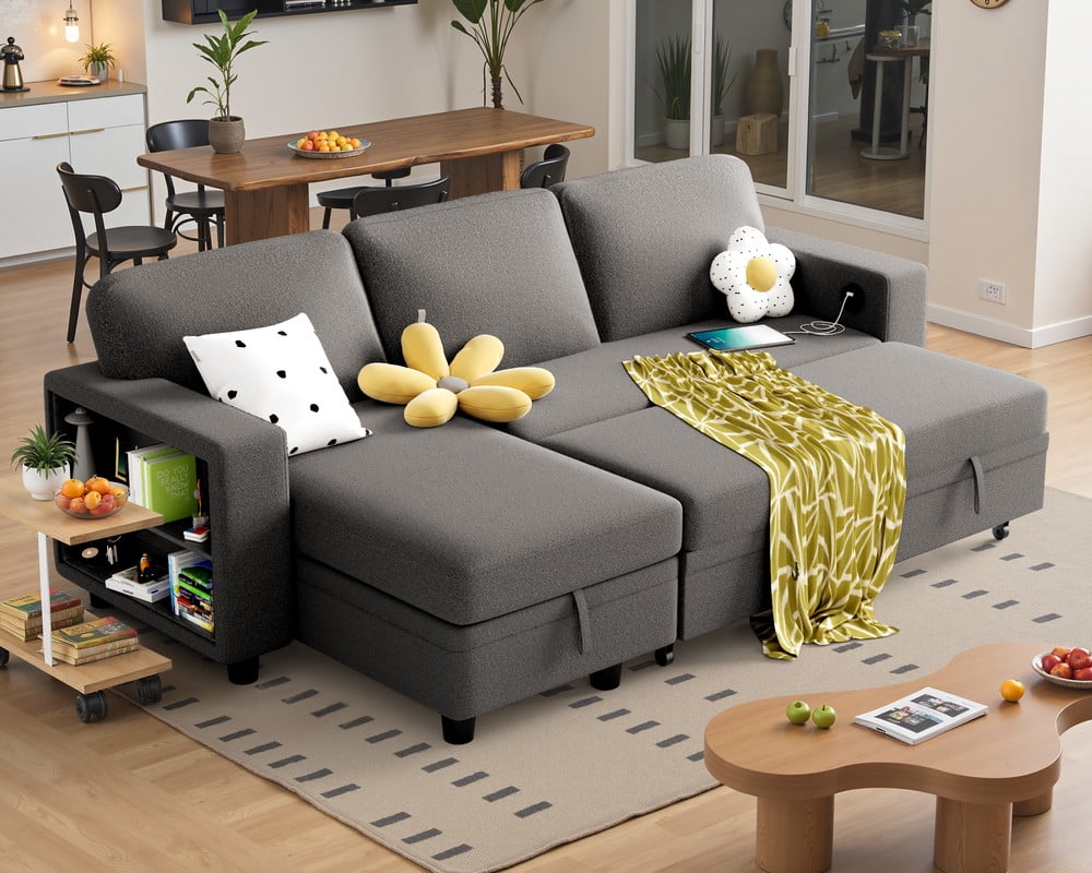 Homall 80" Sleeper Sofa Couch with Pull Out Bed Sectional Sofa with Storable Armrest Shelf and USB Charge Port for Living Room,Gray