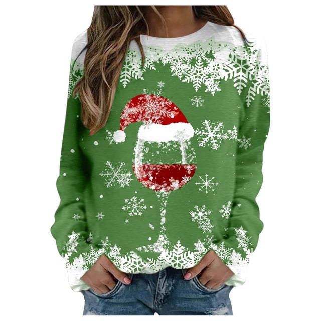 HNMKIU Hauts à Manches Longues pour Femmes Mode Automne et Hiver Loisirs Vacances Rouge Flocon de Neige Imprimé de Noël Col Rond Sweat à Capuche Manches Longues