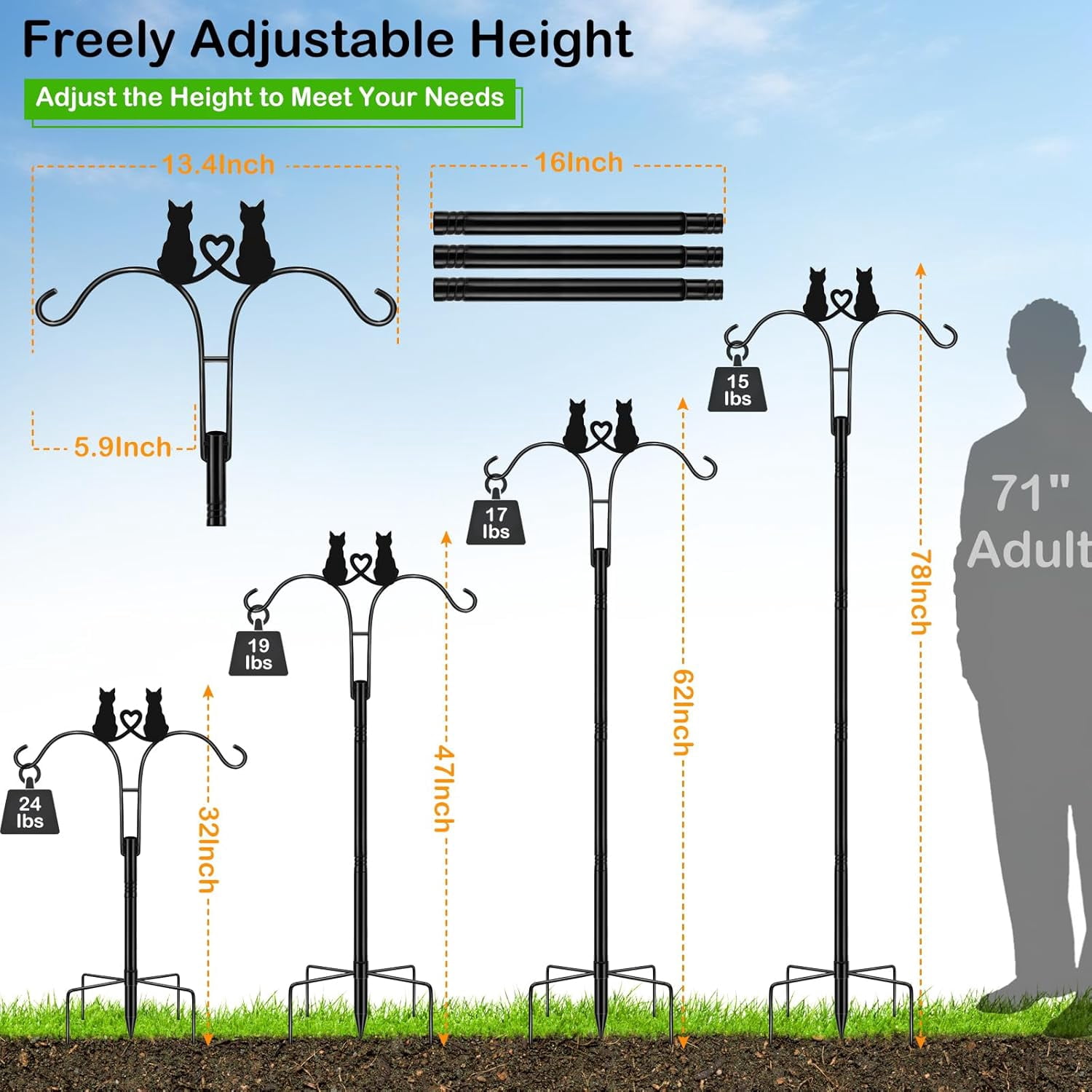Double Shepherds Hooks for Outdoor, 2 Pack 78 Inch Bird Feeder Pole with 5 Prongs Base, Adjustable Heavy Duty Plant Hangers Cat Art for Outdoor Plants Hummingbird Feeder Hanging Basket Lantern